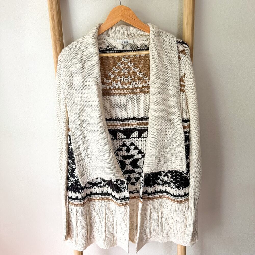 BB Dakota Aztec Tribal Cardigan Shawl Collar Cream Tan Wool Blend XS Boho